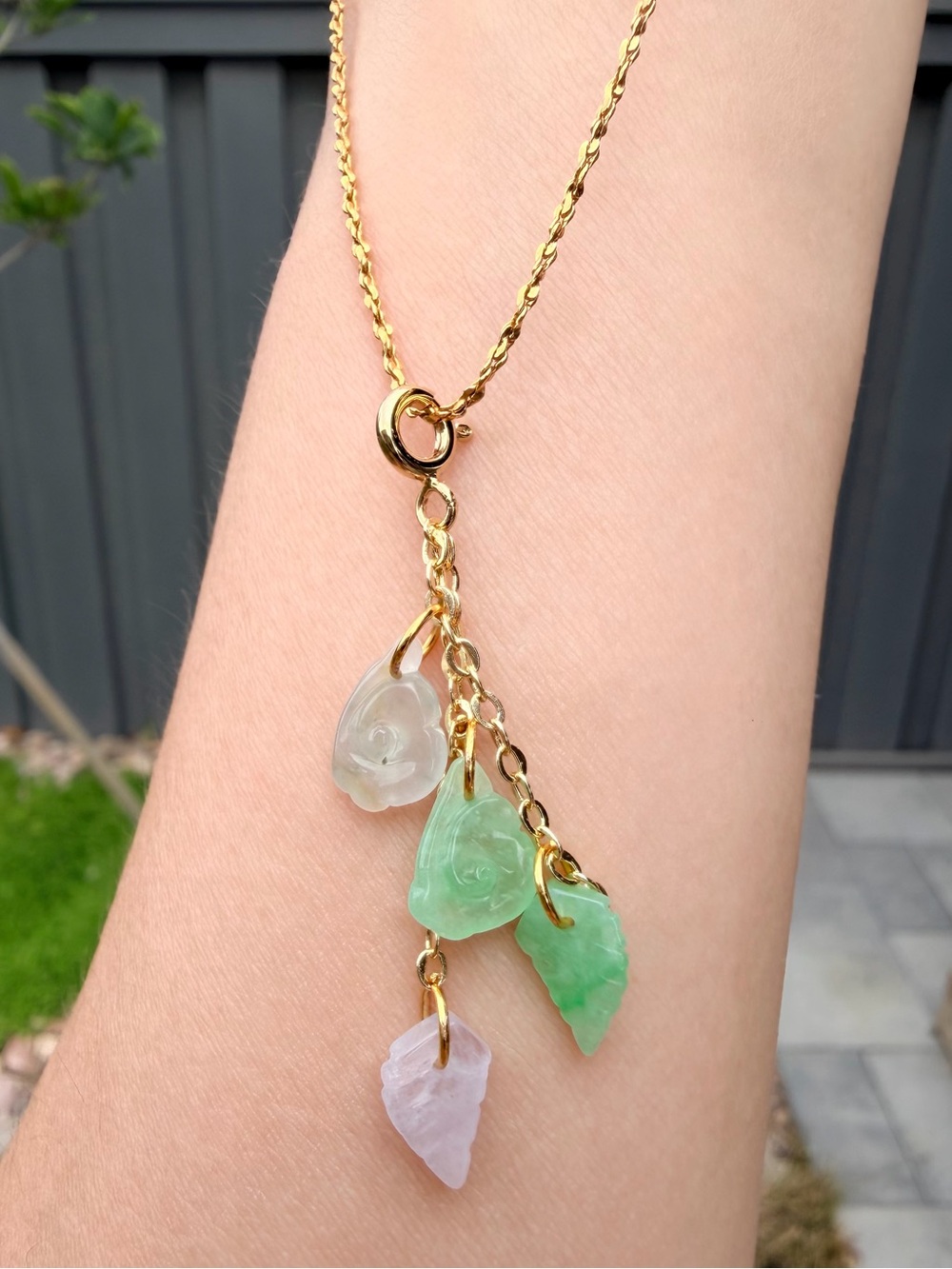 Gold Chain Necklace with Pastel Jade Flower Charms